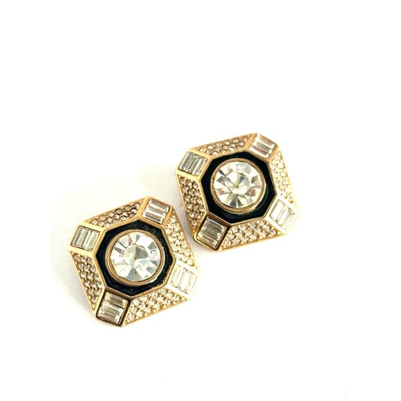 Designer 1980's Black Enamel & White Crystal Rhinestone Clip Earrings - Picture 4 of 6
